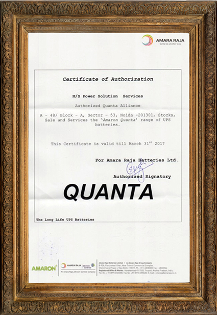 Quanta Battery Distributor Authorization Certificate